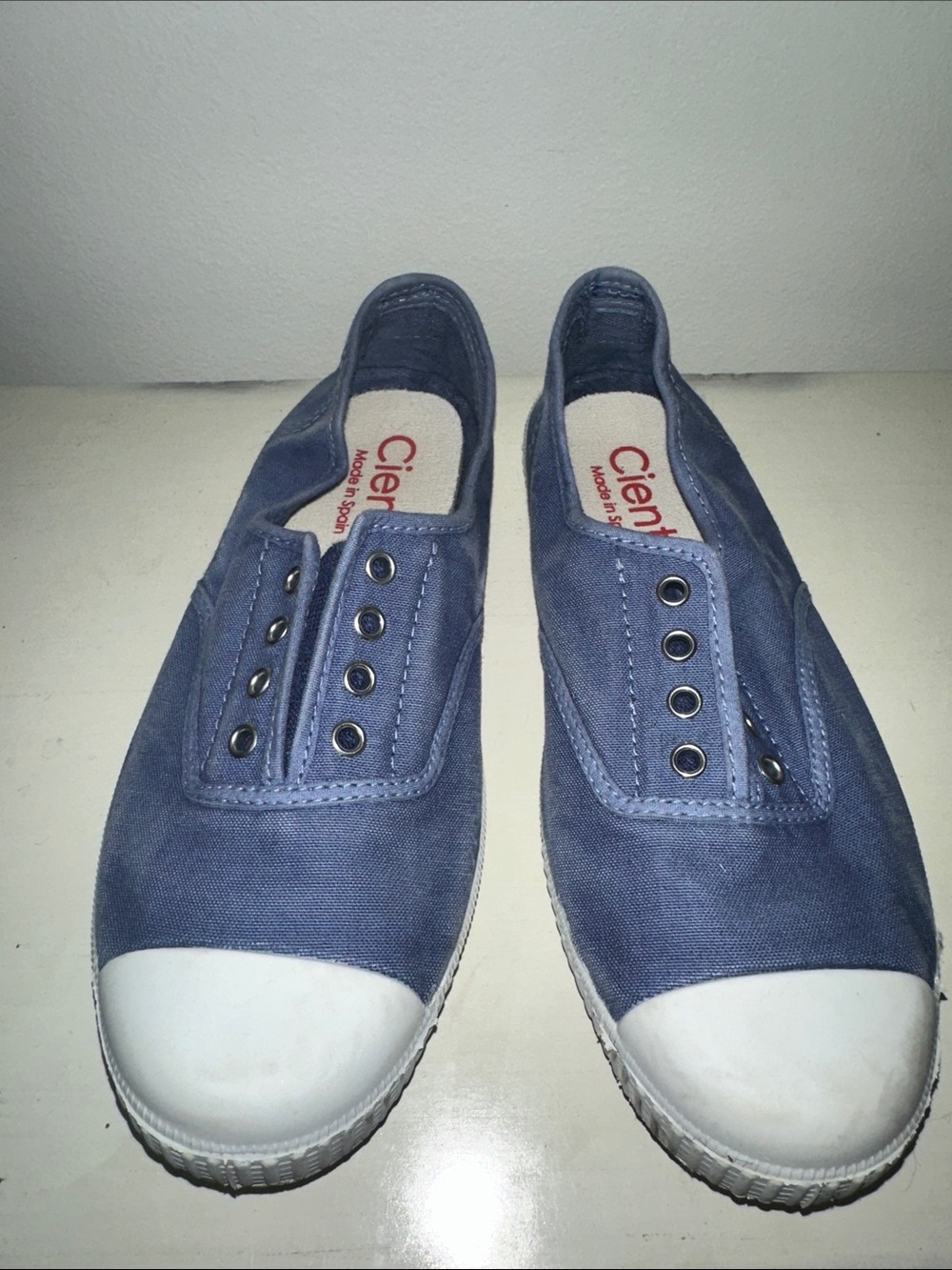Cienta Blue Canvas Slip-On Sneakers with White Toe Caps